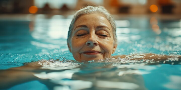 Senior woman enjoying a relaxing moment while floating in a tranquil indoor swimming pool during the day