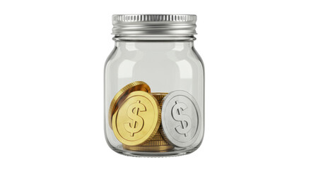 Isolated Glass Jar Filled with Gold and Silver Coins