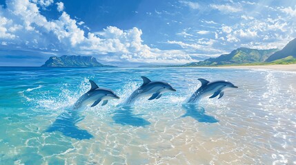 Naklejka premium Oceanic Dolphins Illustration: Three Dolphins Leap
