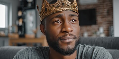 photo of modern african american man with king's crown standing in living room 