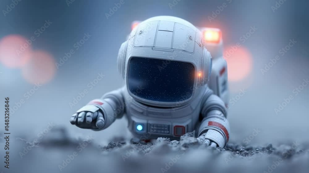 Poster Crawling robot astronaut explores desolate terrain under soft lighting effects