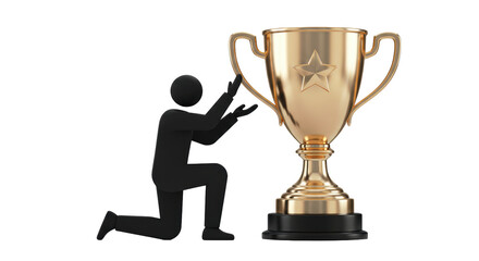 Isolated Silhouette Figure Kneeling Before Golden Trophy