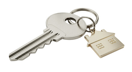 Isolated Silver Key with House Shaped Keychain