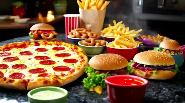 Appetizing Fast Food Close Up Featuring Pizza Burgers Fries and Onion Rings Displayed with Fresh and Vibrant Toppings on Table