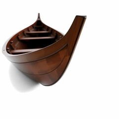 A wooden boat with a dark brown finish and a pointed bow, viewed from a low angle