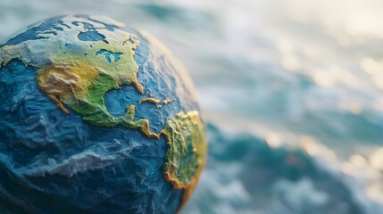 Close-up of a small earth globe crafted from recyclable materials to promote sustainability and eco-conscious living