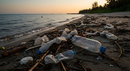 A polluted beach with scattered plastic waste during a vibrant and scenic sunset.
