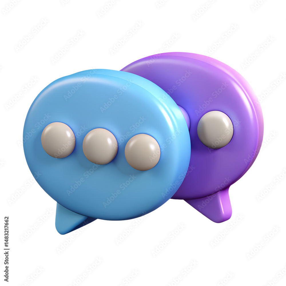Poster two colorful 3d rendering icon speech bubbles floating against a white background representing commu