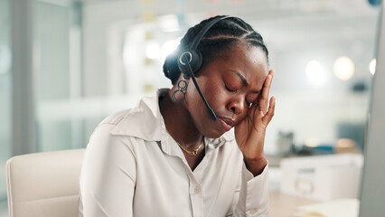 Headache, office and black woman in call center with stress for contact us, crm service and...