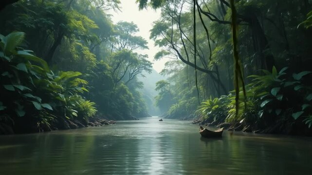 Serene 4K Jungle River Landscape with Dugout Canoe