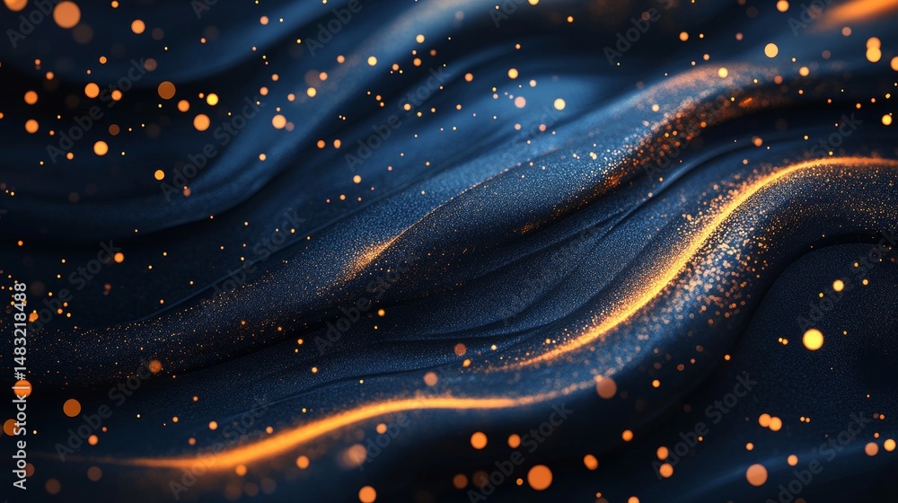 Poster dynamic, abstract design with flowing lines and glittering particles.