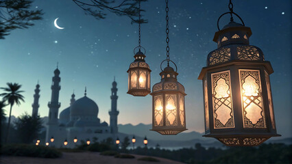 Obraz premium Evening scene of beautiful lanterns with a mosque and crescent moon during the holy month of ramadan