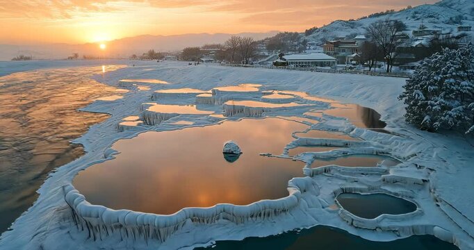 High-angle drone shot of a beautiful winter landscape with snow, ice, and a river at sunset.