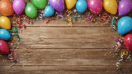 Colorful balloons and confetti on a rustic wooden surface