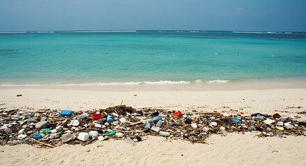 A polluted beach with plastic waste and trash shows the environmental damage to paradise.