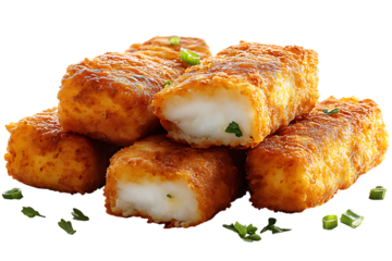 Delicious golden brown fried fish sticks arranged on a glossy black background ready to eat