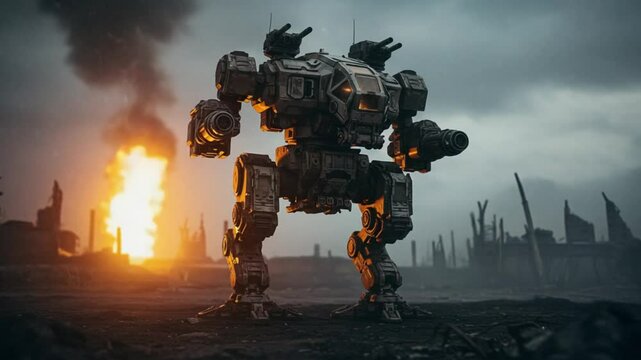 Mechanical robot soldier standing in war torn cityscape scene