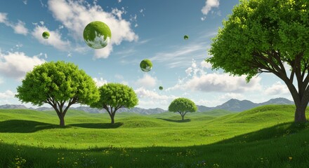 Green Planet Oasis: Surreal Landscape - A serene landscape with floating green orbs, symbolizing peace, nature, harmony, dreams, and renewal. The evokes a sense of tranquility and wonder