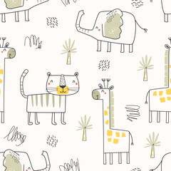 Childish seamless pattern with cartoon tiger, giraffe and elephant. Scandinavian style vector illustration for textile, baby print, wrapping, t-shirt, packaging, bedding, clothing and others