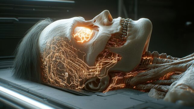 Futuristic android laying on a sleek surface, lifelike features with glowing elements, highlighting advanced robotics and design.