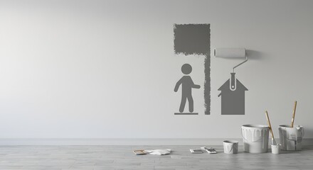 Painting Room with Icon Designs Using Roller on Interior Wall