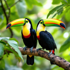 Fototapeta premium Two Toucans Perched on Branch with Lush Green Foliage Backdrop