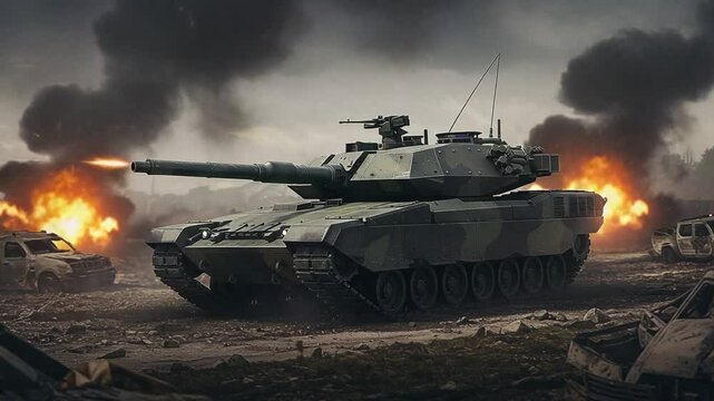 Military battle tank on battlefield with explosions in war torn landscape