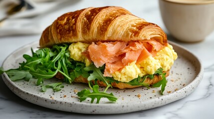 Delicious Smoked Salmon and Scrambled Eggs Croissant Sandwich