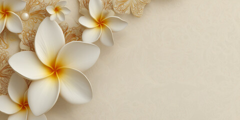 Fototapeta premium Background with white and yellow frangipani flowers on the left side of a beige background, elegant, beautiful