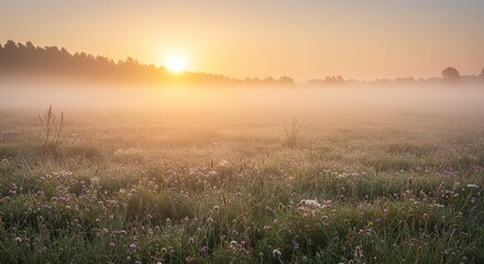 Serene Sunrise over Misty Meadow with Wildflowers and Golden Light