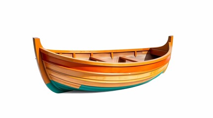 A wooden boat with orange, red, and teal paint, isolated on a white background