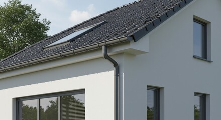 House Gutter System Protection from Water Damage - Modern home exterior showcasing effective gutter system and roof design preventing water damage. Symbolising protection, durability, efficiency