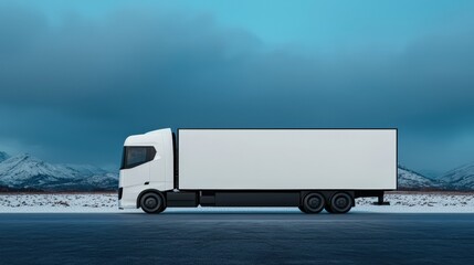 A white semi-truck is parked on a road with snowy mountains in the background under a cloudy blue sky.