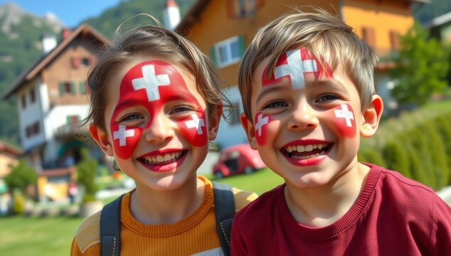 Smiling caucasian boys with swiss flag face paint outdoors in mountain village. Swiss National Day 2025 in Switzerland 1 august