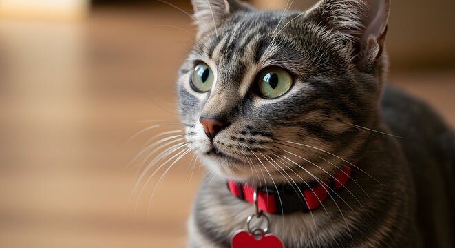 A captivating close-up shot of a grey tabby cat with striking green eyes wearing a red collar.