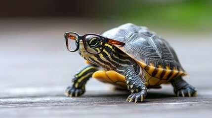 Obraz premium Studio shot of small turtle in geeky glasses, charming and intellectual vibe
