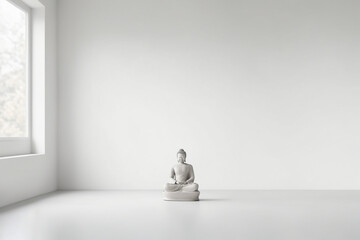 Minimalist white Buddha statue representing serenity and spiritual balance in bright interior with copy space