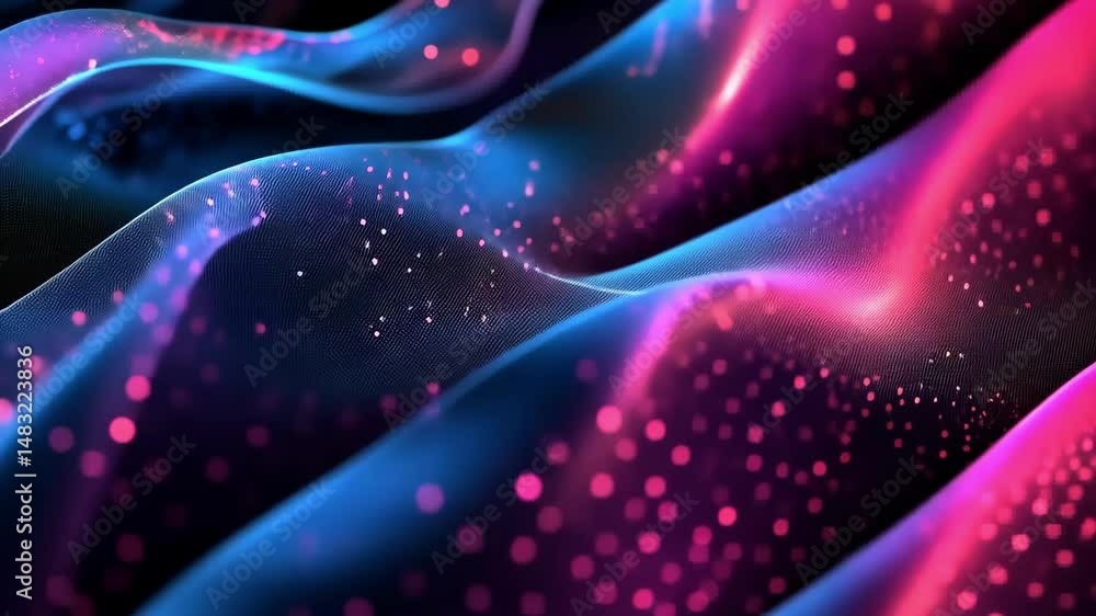 Poster abstract background of wavy fabric texture with glowing particles, blue and pink gradient 91 char