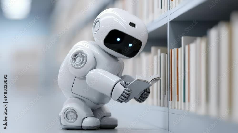 Poster small robot examining books on shelf in modern library setting, curious and focused