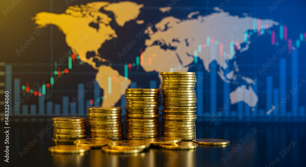 Poster stacks of gold coins on a reflected surface with chart world map background in dark lighting for fin