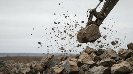 Fototapeta premium Heavy machinery lifting and dispersing rocks in an outdoor setting.