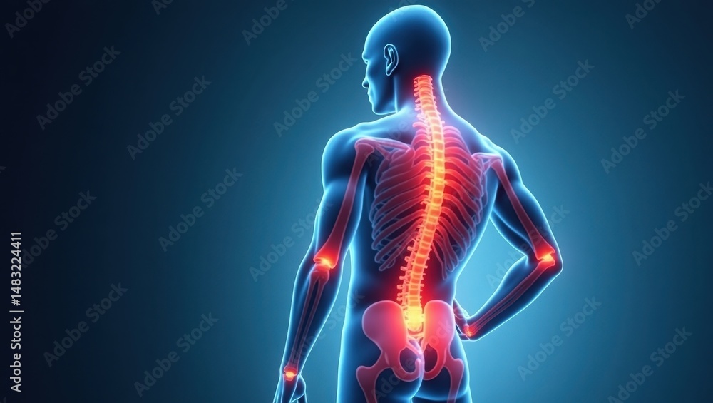 Poster gleaming ethereal representation of the human skeletal structure showcasing the spine and joints