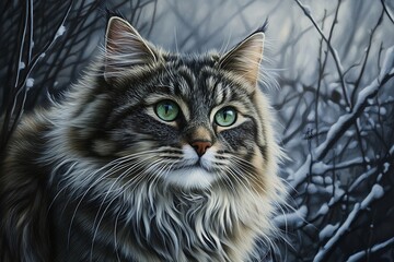 Close up of a long haired cat with green eyes in front of snowy branches portrait style image