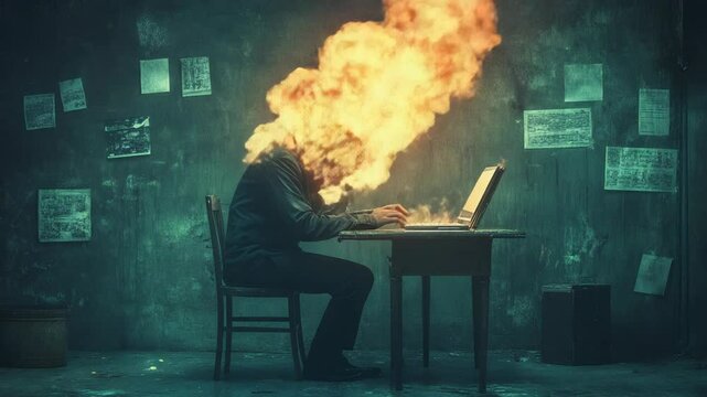 A surreal depiction of stress, showcasing a person with a flaming head while working at a desk.