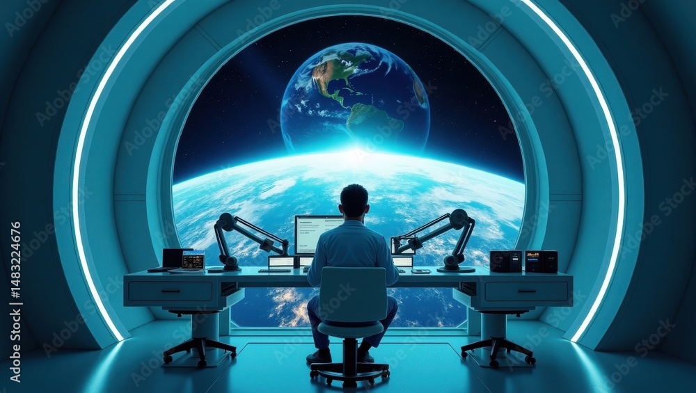 Aufkleber futuristic workspace with a view of earth from a space station in a sci-fi environment