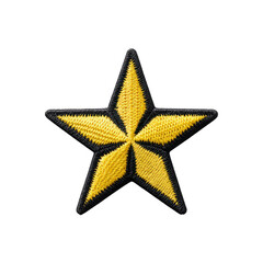 Obraz premium Yellow embroidered star with black outline, symbolizing achievement or rank, is displayed on plain background. design is simple and bold, often used in uniforms or as decorative patch