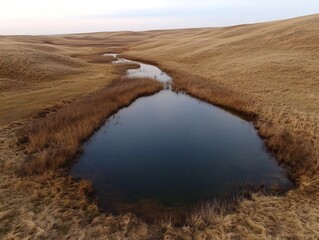 Serene landscape photo of a tranquil pond nestled in a dry grassy valley A picturesque scene of nature's beauty
