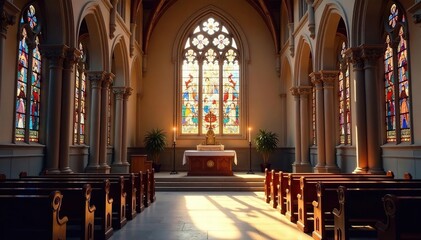 Obraz premium Serene church interior, stained glass window, altar, peaceful atmosphere , faith, religious building
