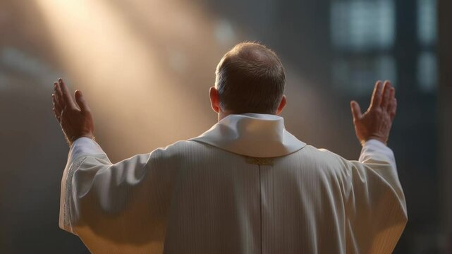 Reverent priest raises hands in prayer, illuminated by divine light, showcasing faith