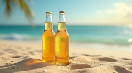 Two bottles of cold beer on a sandy beach with sunlight shining on them, perfect for summer and holiday vacation concepts.